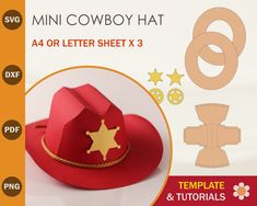 the paper cowboy hat is red and has gold stars on it