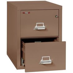 two file cabinets with one drawer open and the other closed, both in brown color