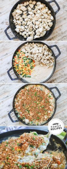 four different pans filled with food on top of a wooden table