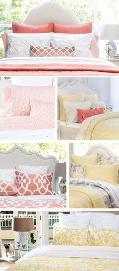 a collage of photos showing different types of bed linens and pillows in various colors