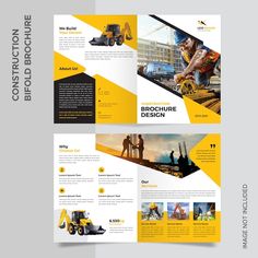 a yellow and black brochure design with construction equipment on the front, side and back