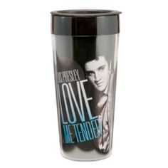 the elvis presley love me tender travel mug is shown in black and white with blue lettering