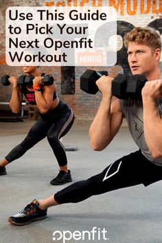 a man and woman doing push ups with dumbbells in front of an orange sign that says use this guide to pick your next openfit workout