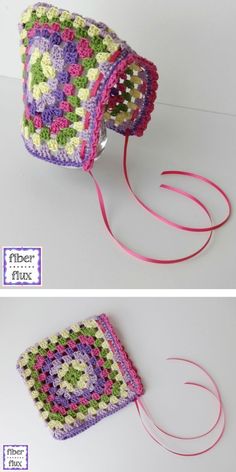 crocheted purse with pink ribbon on top and green, yellow, purple, and white trim