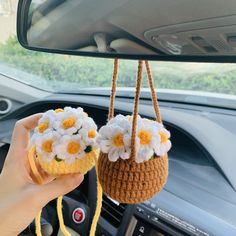 a person holding two baskets with flowers hanging from the ceiling in a car, while driving