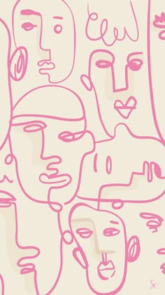 a group of people with faces drawn in pink on a white wallpapered background