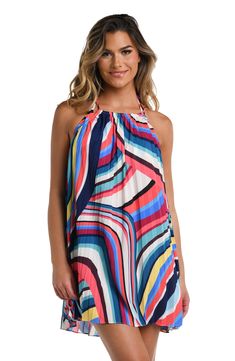 Model is wearing a vibrant multi-colored geometric printed  Pleated Trapeze Dress Coverup Dress, Swim Cover Up Dress, Swimsuit Material, Swim Coverup, Trapeze Dress, Women's Cover Up, Dress Medium, Cover Up Dress, Xl Dress