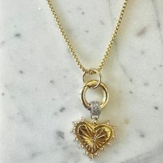 Divine Heart Gold Necklace - PRINZZESA BOUTIQUE Luxury Classic Heart Charm Necklace, Luxury Elegant Heart Charm Necklace, Elegant Luxury Heart Necklace With Charms, Luxury Classic Gold Heart Necklace, Heart Gold Necklace, Gold Heart Necklace, Gold Material, Timeless Classic, Heart Charm