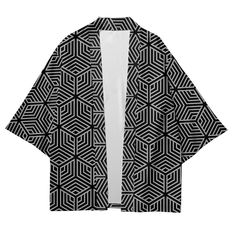 Our Geometric Pattern Kimonos collection is a stunning combination of traditional Japanese design and modern geometric patterns. Each kimono features bold and striking designs that are sure to turn heads and make a statement. Crafted from high-quality materials, these kimonos are lightweight, breathable, and comfortable to wear. The intricate geometric patterns are expertly printed, creating a unique and eye-catching look that is perfect for any occasion. *The product runs smaller so if you are Black Cotton Kimono With Print, Black Cotton Printed Kimono, Black Printed Cotton Kimono, Black Printed Kimono With Kimono Sleeves, Traditional Japanese Design, Design Japonais, Kimono Pattern, Japanese Design, Style Classique