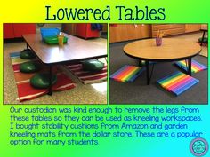 this is an image of some tables and chairs with rainbow colored stripes on them in the classroom