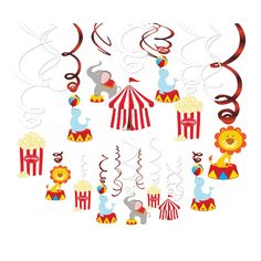 circus themed party decorations with red and white striped streamers, lion, elephant, giraffe