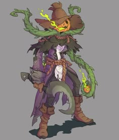 a cartoon character dressed as a scarecrow holding a pumpkin and wearing a witches hat