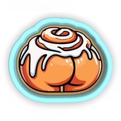 an orange bun with icing on top in a blue circle shaped plate, against a white background