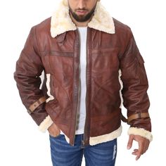 Product Specifications: External: Real Leather Internal: Soft Shearling Lining Collar: Shearling Lapel Collar Cuffs: Belted Cuffs Front: Zipper Fastening Pockets: Outside Pockets Color: Brown Shearling Leather Jacket For Cold Weather, Sheepskin Leather Jacket With Fleece Lining, Sheepskin Leather Jacket With Fleece Lining And Long Sleeves, Shearling Leather Jacket With Fleece Lining, Winter Shearling Leather Jacket With Pockets, Sheepskin Leather Jacket With Pockets, Brown Aviator Winter Outerwear, Luxury Leather Aviator Outerwear, Brown Leather Aviator Outerwear