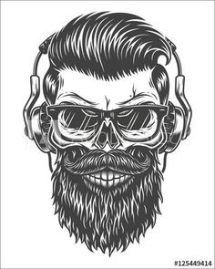 a bearded hipster with headphones and glasses on his face is shown in black and white