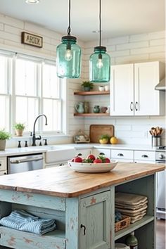 Coastal kitchen with sea glass mason jar lights and whitewashed brick wall Kitchens With Short Ceilings, Small Coastal Kitchen Ideas, Whitewashed Brick Wall, Coastal Backsplash, Small Coastal Kitchen, Whitewashed Brick, Japanese Inspired Bedroom, Mason Jar Pendant Light, Coastal Kitchen Design