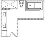 a floor plan for a bedroom with a bed, desk, and bathroom in it