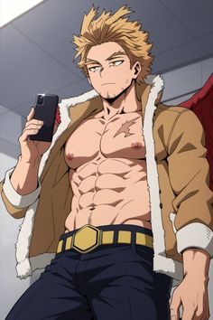 an anime character holding a cell phone in his right hand and looking at the camera