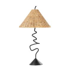 a table lamp with a woven shade on it's base and a black metal stand