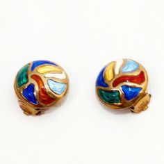 Stunning Earrings Designed By Oystein Balle Of Norway In The 1950s. They Are In Mint Condition & Are Made Of 925 Sterling Silver With 14k Gold Vermeil & Finished With Vitreous Glass Enamel That Is Kiln-Dried. The Abstract Blues, Yellow, Red & Green Design Has A Bassa-Taille Or Repousse Texture. They Are Approximately .78" Round Clip- On In Style. The Balle 925s Sterling Norway Signature Is On The '"Elbow" Of The Clip Attachment. Enamel Earrings, Stunning Earrings, Gold Enamel, Green Design, Designer Earrings, Kiln, Blue Gold, Gold Vermeil, Vintage Gold