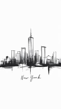 a black and white drawing of a city skyline with the words new york on it