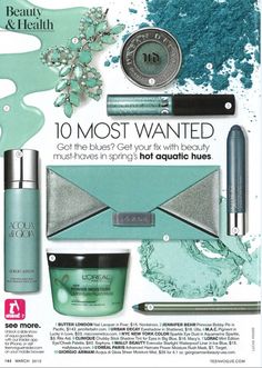 an advertisement for cosmetics with blue and green items on it's back side, including mascara