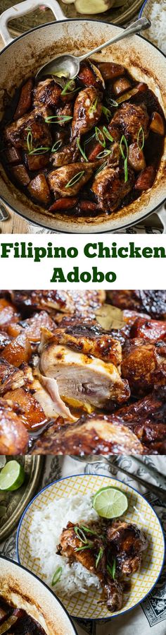 two pictures of different types of food on plates and in pans with the words, philippines chicken adobo