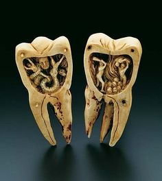 two carved tooth shaped like animals on black background