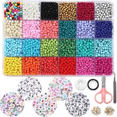 the kit includes beads, scissors and other crafting supplies