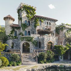 an artistic rendering of a stone house with ivy growing on it's walls and stairs