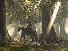 a man riding on the back of a brown horse next to a dog in a forest