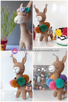 crocheted llama with flowers on it's back