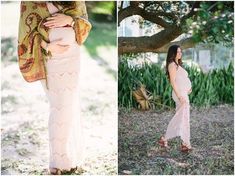 a pregnant woman standing in front of a tree with her belly wrapped around her waist