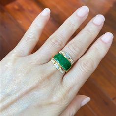 Description: 14k Yellow Gold Green Jade Women Ring Item No.: R00286 Metal Type: 14k Real Gold, Not Filled Or Plated (Stamped "750" Which Means 18k, But This Only Passed Our 14k-16k Test, So We Have This For Sale As 14k Gold) Metal Color: Yellow Gold Type Of Stone: B Jade & Cubic Zirconia Measurement: Size 6.75 Jade: 18 X 9 Mm. Center: 18 X 18 Mm. Band Width: 3 Mm. Approximate Weight: 4.35 Gram(S) Brand New With Box Luxury 14k Stamped Emerald Cut Emerald Ring, Luxury 14k Stamped White Gold Emerald Ring, Luxury White Gold Emerald Ring Stamped 14k, Luxury Yellow Gold Emerald Ring With Diamond, Fine Jewelry Yellow Gold Polished Emerald Ring, Green Multi-stone Baguette-cut Jewelry, Fine Jewelry Yellow Gold Emerald Ring With Polished Finish, Green Multi-stone Baguette Cut Jewelry, Exquisite Gold Emerald Ring Gia Certified