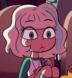 a cartoon girl with pink hair and glasses