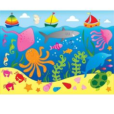 an underwater scene with sea animals and fish