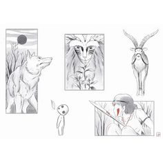 four different drawings of animals and people in the woods, one with an antelope on its head