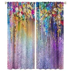 the curtains are decorated with colorful flowers and leaves on them, as well as an image of