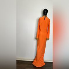 Custom Goddess Dress Size M Made Custom For Photoshoot Brand New No Tag Orange Elegant Stretch Maxi Dress, Elegant Stretch Orange Maxi Dress, Elegant Orange Stretch Maxi Dress, Fitted Orange Long Sleeve Maxi Dress, Orange Fitted Long Sleeve Maxi Dress, Formal Long Sleeve Orange Maxi Dress, Fitted Orange Maxi Dress For Cocktail, Silver Mini Dress, Silk Shirt Dress