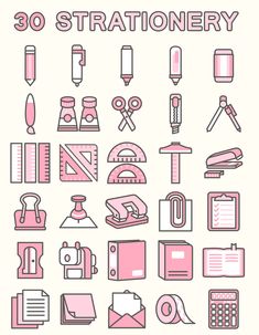 pink and gray stationery icon set on a white background with the words stationery