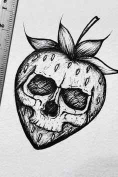 a pencil drawing of a strawberry with a skull on it's side and a ruler next to it