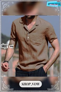 Men's Linen Shirt Camp Collar Summer Short Sleeve White Brown Plain Casual Daily Clothing Apparel Front Pocket Brown Casual Collar Top For Summer, Brown Summer Top With Casual Collar, Brown V-neck Summer Shirt, Brown Casual Collar Tops For Spring, Casual V-neck Shirt With Pockets, Brown V-neck Shirt For Summer, Brown Tops With Casual Collar And Pockets, Brown Cotton V-neck Shirt, Brown Tops With Pockets And Casual Collar