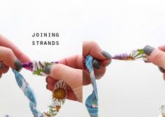 two hands are holding onto some colorful ribbons with the words joining strands on them