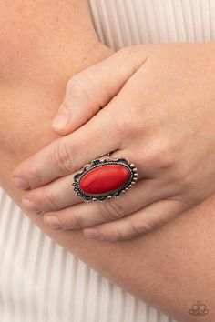 A fiery red stone is pressed into an ornate silver frame rippling with studded and serrated textures for a seasonal flair. Features a stretchy band for a flexible fit.

 Sold as one individual ring. Live Text, Open Range, Red Stone Ring, Red Ring, Red Rings, Paparazzi Accessories, Fiery Red, Paparazzi Jewelry, Red Stone