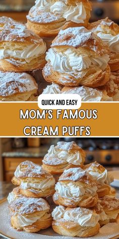 two pictures with different types of cream puffs on them and the words mom's famous cream puffs