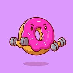 a pink donut with two dumbs on it's arms and eyes, in front of a purple background