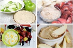 four pictures with different fruits and dips in them