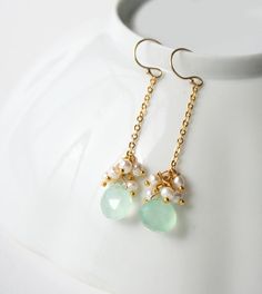 Bridesmaid Earrings Pastel Jewelry Seafoam Drop by laurastark Elegant Birthstone Earrings For Wedding, Green Pearl Earrings For Wedding (may Birthstone), Green Pearl Earrings For Wedding And May Birthstone, Elegant Wire Wrapped Earrings For May Birthstone, Delicate Gemstone Earrings For Wedding, Dainty Wire Wrapped Earrings For Wedding, Elegant Handmade Jewelry For Beach Wedding, Dainty Wire Wrapped Wedding Earrings, Dangle Birthstone Earrings For Wedding