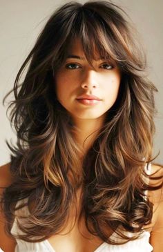 Shag With Bangs Long Hair, Trending Haircuts For Women Long Layered, Retro Wavy Hair, Jlo Bangs Long Layered, Layered Hair With Full Bangs, Farrah Faucette Hair, Sparse Hair Hairstyles, French Chic Hair, Trending Womens Haircuts 2024