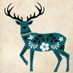 an image of a deer with flowers on it's antlers in blue and white